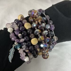 VTG VINTAGE 6 PURPLE AMETHYST & GLASS BEADS EXPNDANDABLE BRACELETS